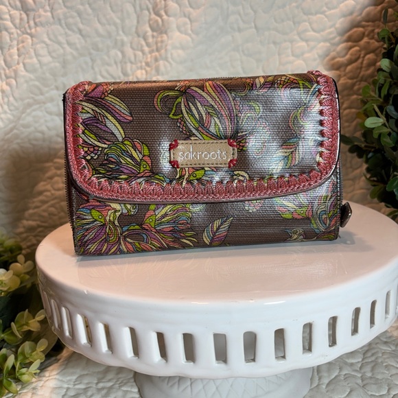 Sakroots Handbags - Sakroots Brown Floral Trifold Wallet with Pink Trim